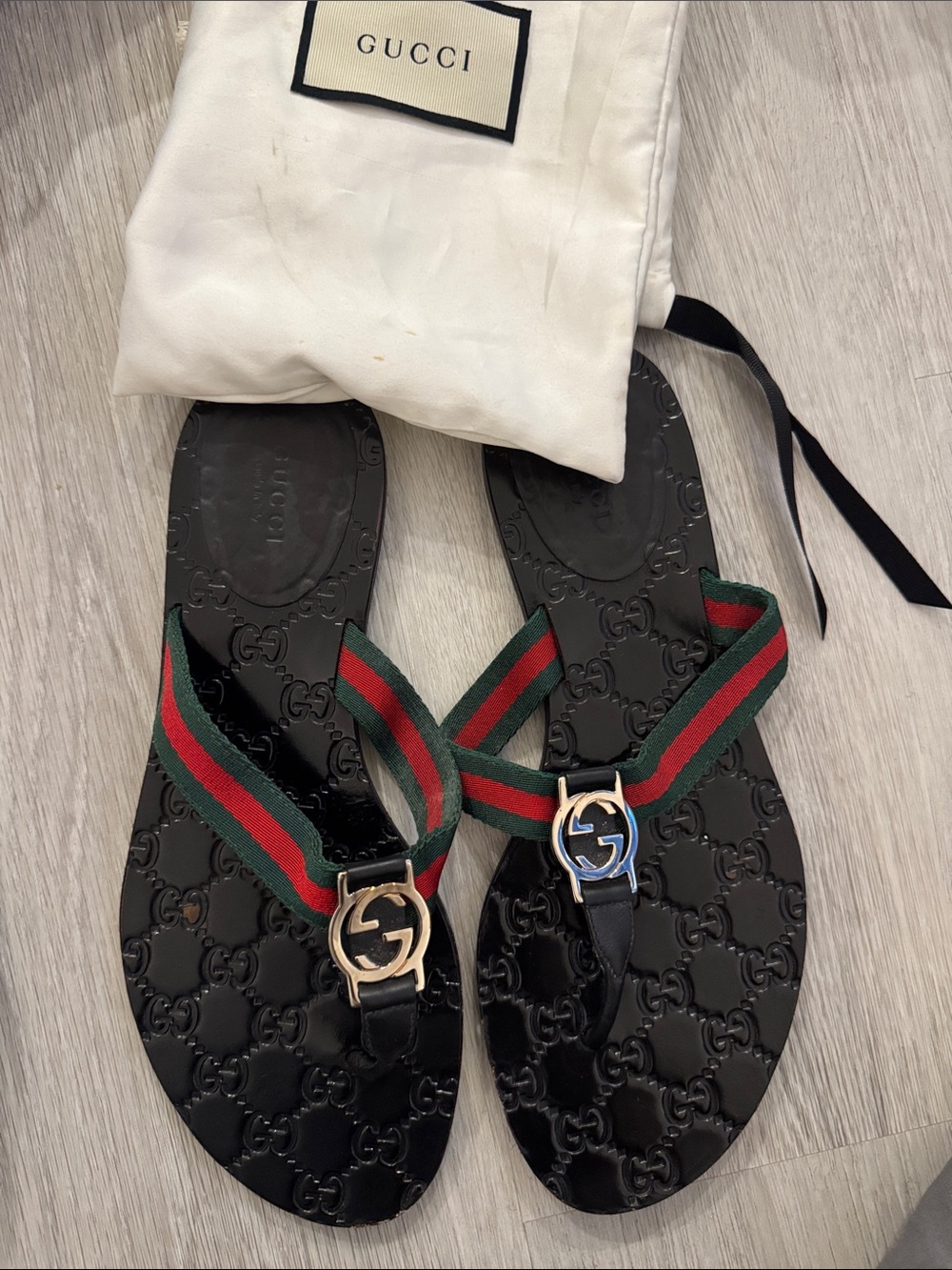 Gucci Black Sandals with Signature Red-Green Web and Gold GG